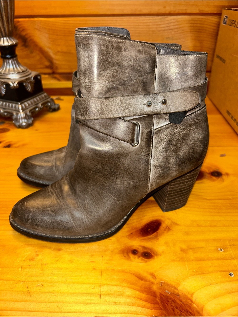 Arturo Chiang Distressed Gray Leather Ankle Booties with Wrapped Strap